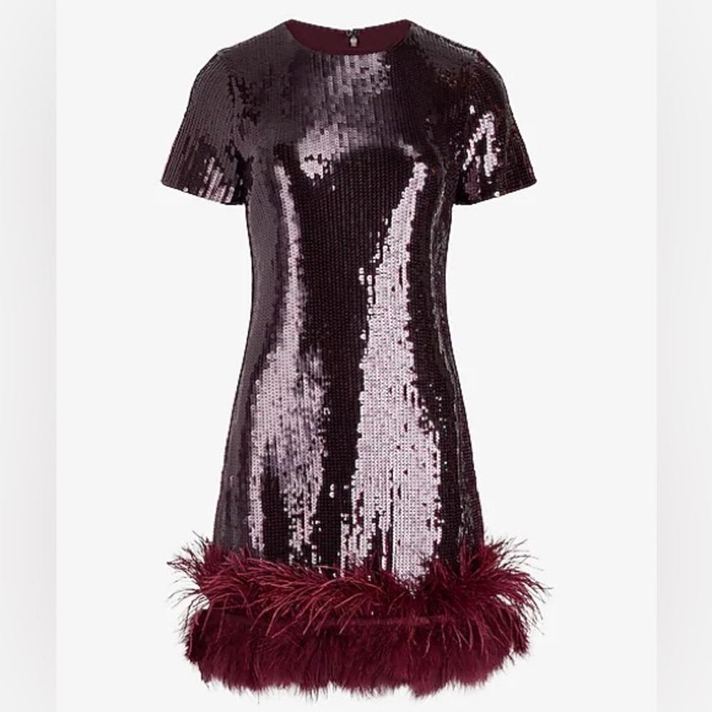 NWT express burgundy sequin feather trim
Mini dress XL $260 - Picture 7 of 9